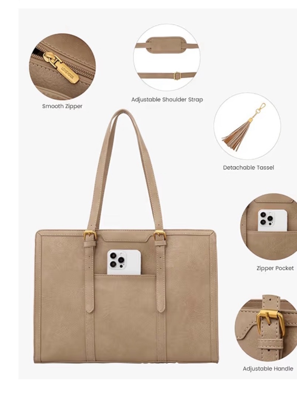 Structured Taupe Tote with Detachable Tassel - Everyday Shoulder Bag